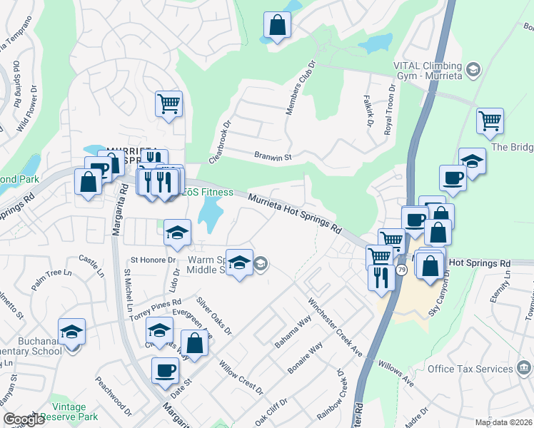 map of restaurants, bars, coffee shops, grocery stores, and more near 28980 Calle Del Lago in Murrieta