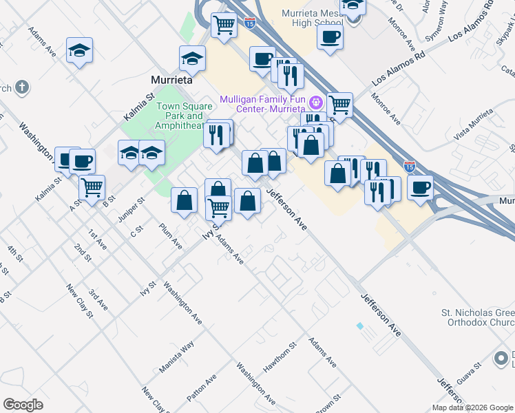 map of restaurants, bars, coffee shops, grocery stores, and more near 41531 King Palm Avenue in Murrieta