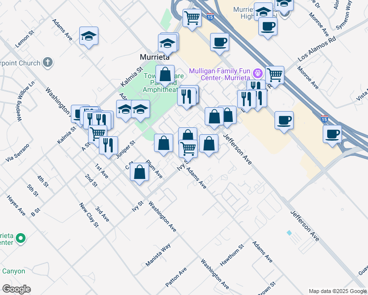 map of restaurants, bars, coffee shops, grocery stores, and more near 24960 Adams Avenue in Murrieta