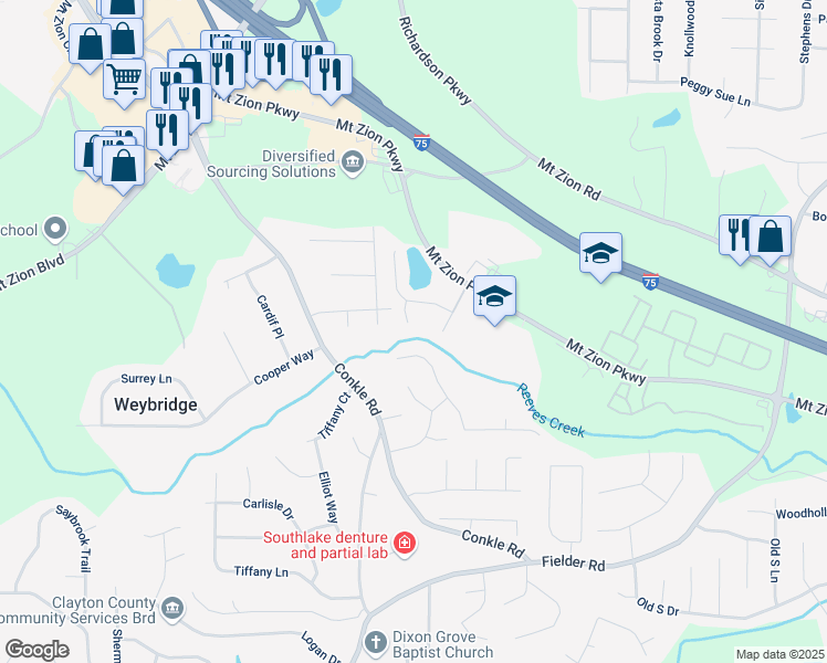 map of restaurants, bars, coffee shops, grocery stores, and more near 7324 Bridlewood Court in Jonesboro