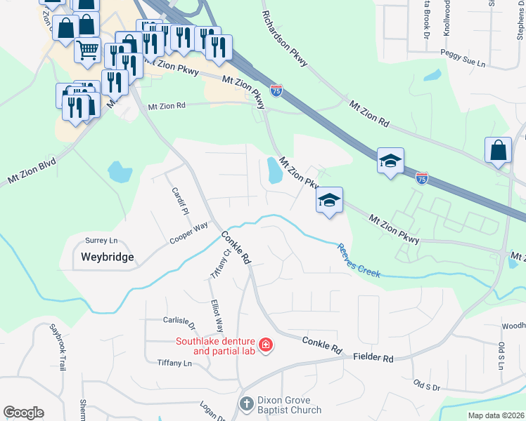 map of restaurants, bars, coffee shops, grocery stores, and more near 7321 Bridlewood Court in Jonesboro
