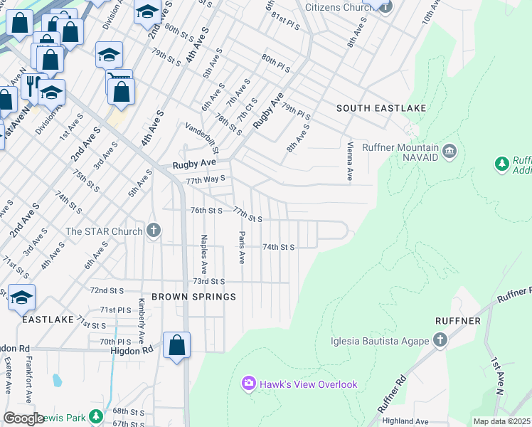 map of restaurants, bars, coffee shops, grocery stores, and more near 7713 8th Avenue South in Birmingham