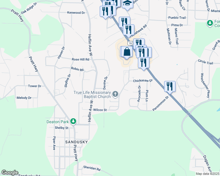 map of restaurants, bars, coffee shops, grocery stores, and more near 1209 Devine Drive in Birmingham
