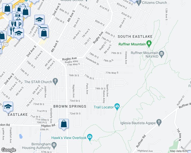 map of restaurants, bars, coffee shops, grocery stores, and more near 7704 8th Court South in Birmingham