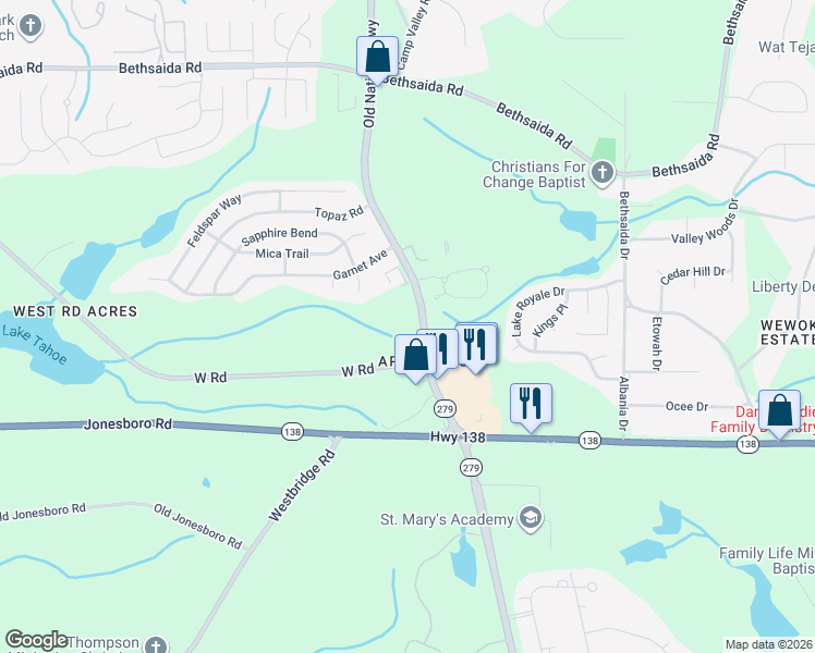 map of restaurants, bars, coffee shops, grocery stores, and more near 7375 Old National Highway in Riverdale