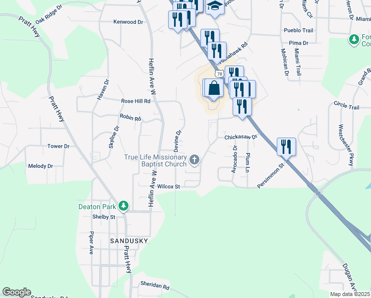 map of restaurants, bars, coffee shops, grocery stores, and more near 1209 Devine Drive in Birmingham