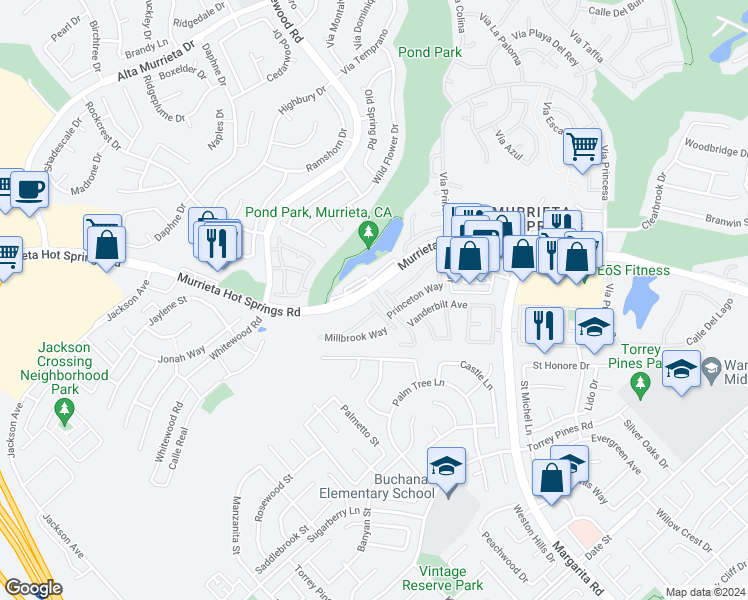 map of restaurants, bars, coffee shops, grocery stores, and more near 26130 Williams Way in Murrieta