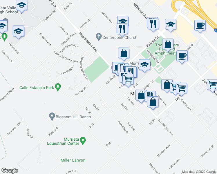 map of restaurants, bars, coffee shops, grocery stores, and more near 24620 2nd Street in Murrieta