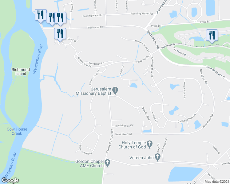 map of restaurants, bars, coffee shops, grocery stores, and more near 1554A Will Go Avenue in Murrells Inlet