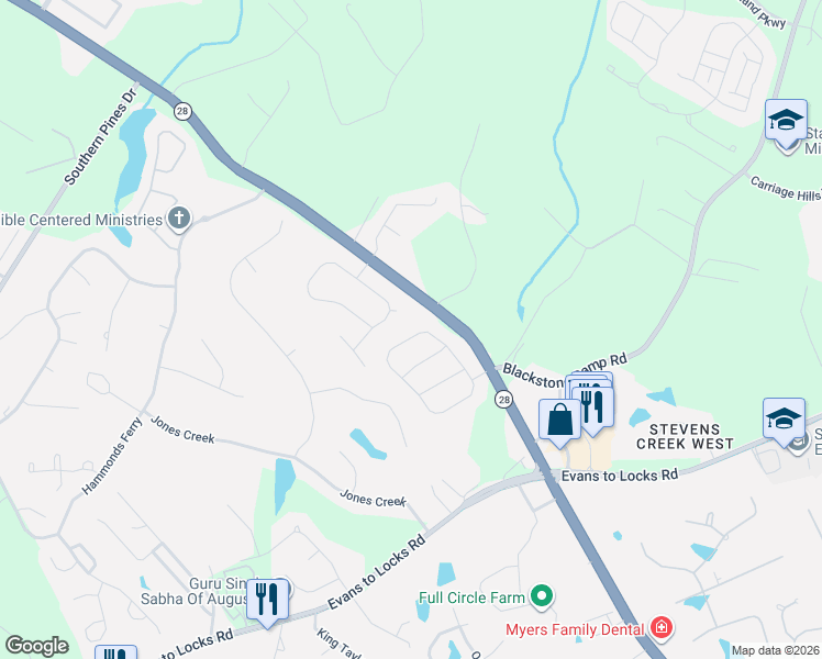 map of restaurants, bars, coffee shops, grocery stores, and more near 4323 Colony Square in Evans