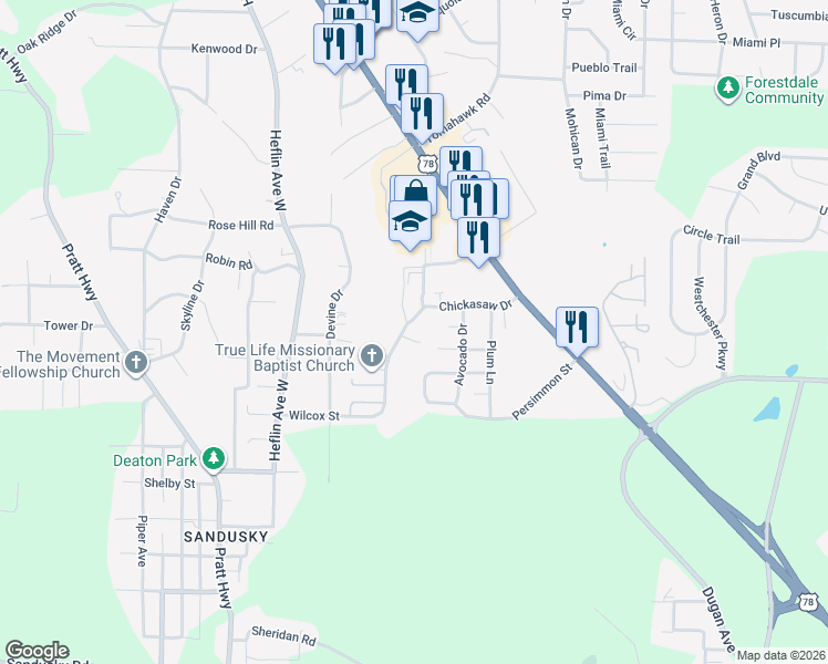 map of restaurants, bars, coffee shops, grocery stores, and more near 229 Chickasaw Drive in Birmingham