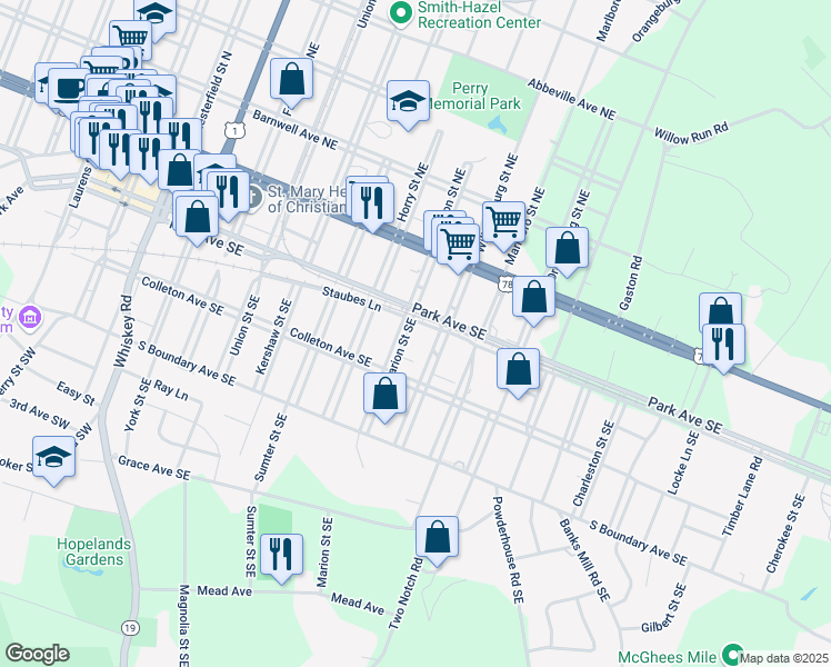 map of restaurants, bars, coffee shops, grocery stores, and more near 201 Marion Street Southeast in Aiken