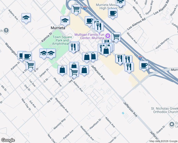 map of restaurants, bars, coffee shops, grocery stores, and more near 41537 Wild Ivy Avenue in Murrieta