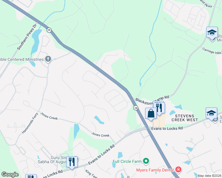 map of restaurants, bars, coffee shops, grocery stores, and more near 4323 Colony Square in Evans