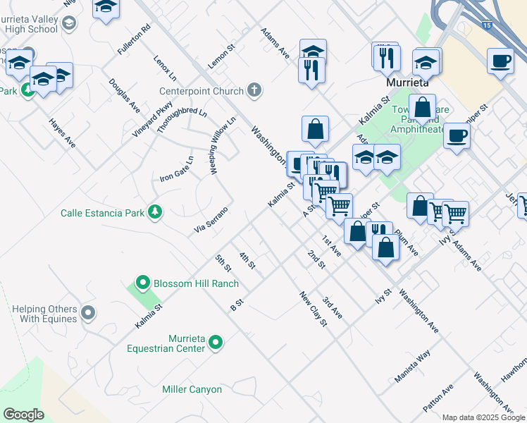 map of restaurants, bars, coffee shops, grocery stores, and more near Kalmia Street in Murrieta