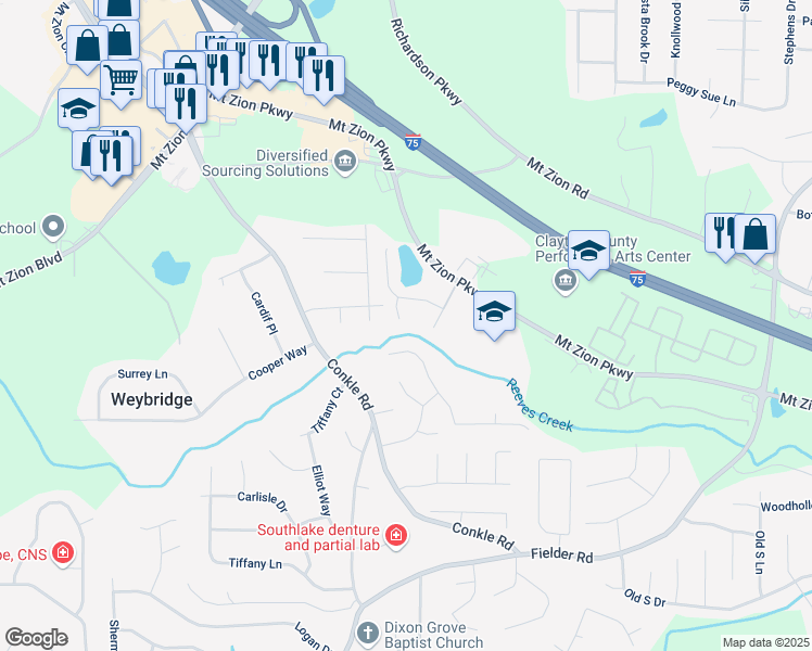 map of restaurants, bars, coffee shops, grocery stores, and more near 7322 Bridlewood Court in Jonesboro
