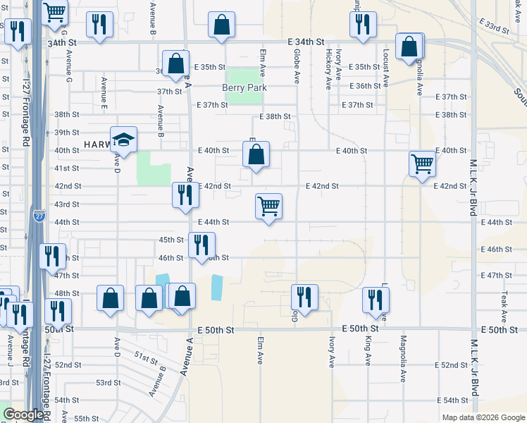map of restaurants, bars, coffee shops, grocery stores, and more near 501 East 44th Street in Lubbock