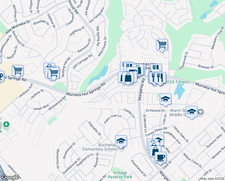 map of restaurants, bars, coffee shops, grocery stores, and more near 39719 Princeton Way in Murrieta