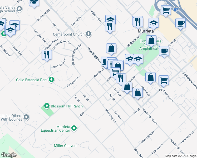 map of restaurants, bars, coffee shops, grocery stores, and more near 24620 2nd Street in Murrieta