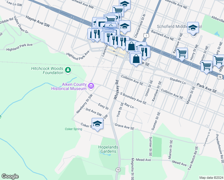 map of restaurants, bars, coffee shops, grocery stores, and more near 121 South Boundary Avenue Southwest in Aiken