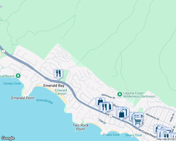 map of restaurants, bars, coffee shops, grocery stores, and more near 557 Emerald Bay in Laguna Beach