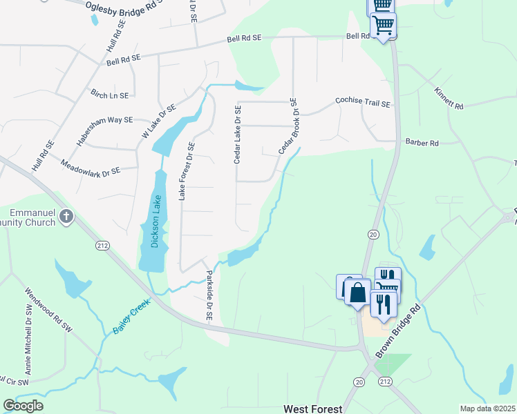 map of restaurants, bars, coffee shops, grocery stores, and more near 4903 Cedar Court Southeast in Conyers