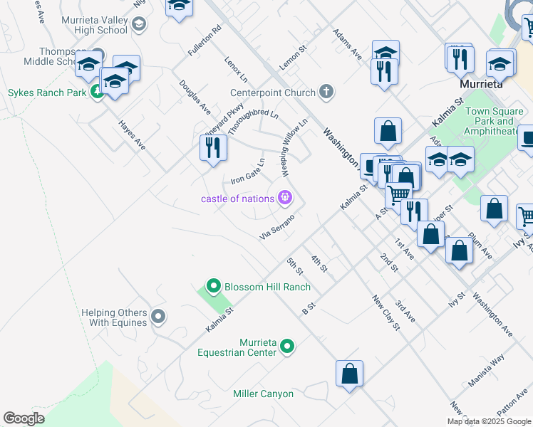 map of restaurants, bars, coffee shops, grocery stores, and more near 42307 Wild Mustang Road in Murrieta