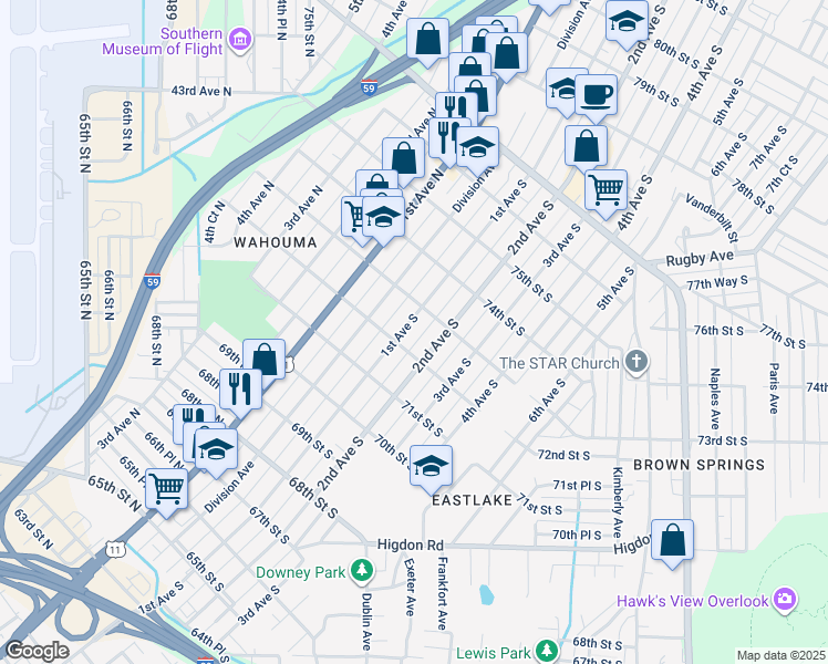 map of restaurants, bars, coffee shops, grocery stores, and more near 7207 1st Ave S in Birmingham