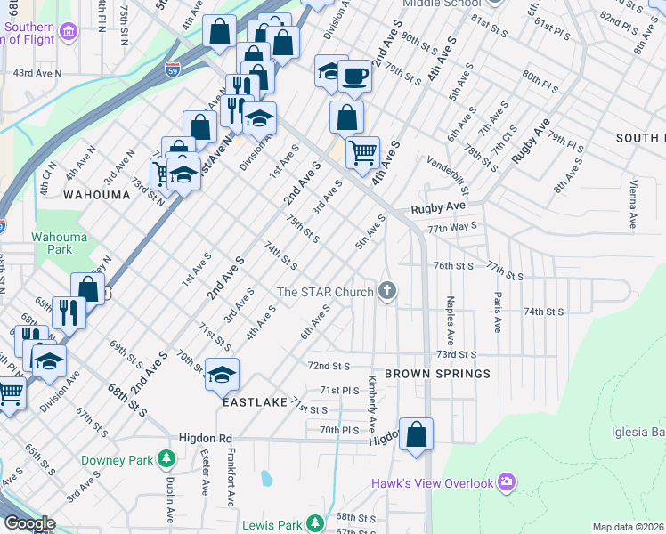 map of restaurants, bars, coffee shops, grocery stores, and more near 7424 5th Avenue South in Birmingham