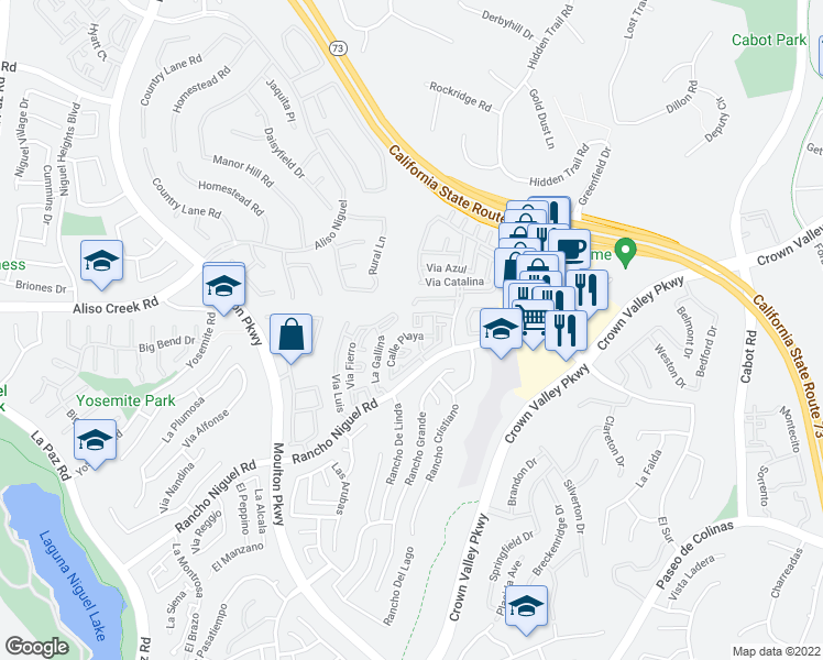 map of restaurants, bars, coffee shops, grocery stores, and more near 25122 La Jolla Way in Laguna Niguel