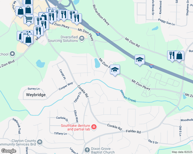 map of restaurants, bars, coffee shops, grocery stores, and more near 7322 Bridlewood Court in Jonesboro