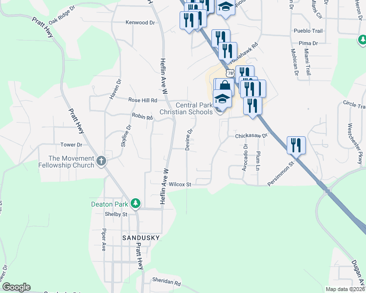 map of restaurants, bars, coffee shops, grocery stores, and more near 1207 Heflin Avenue West in Birmingham