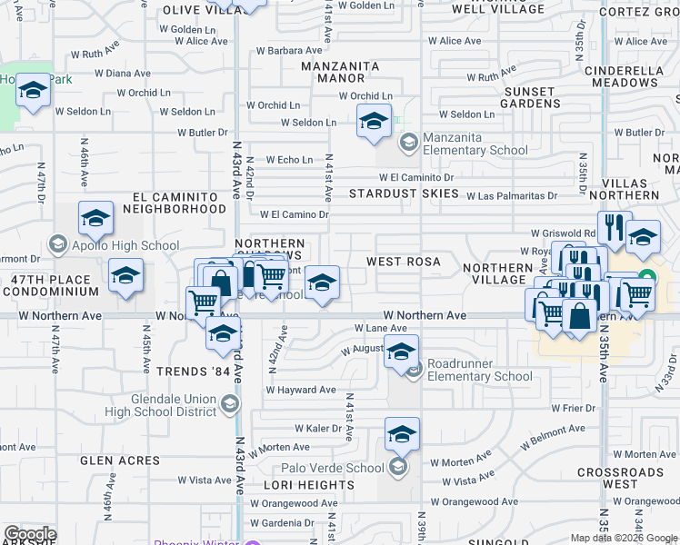 map of restaurants, bars, coffee shops, grocery stores, and more near 8107 North 41st Drive in Phoenix