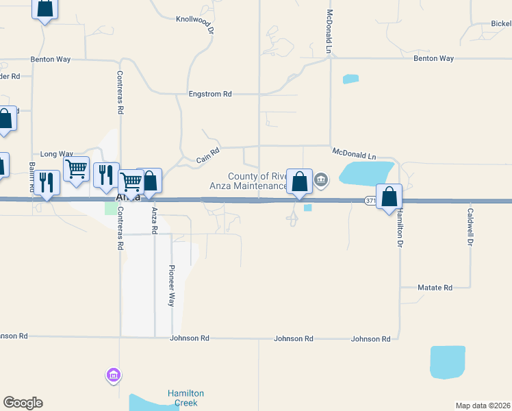 map of restaurants, bars, coffee shops, grocery stores, and more near 56965 California 371 in Anza