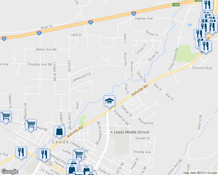 map of restaurants, bars, coffee shops, grocery stores, and more near 1730 Jones Street in Leeds