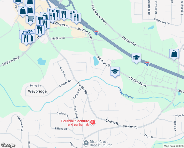 map of restaurants, bars, coffee shops, grocery stores, and more near 7321 Bridlewood Court in Jonesboro
