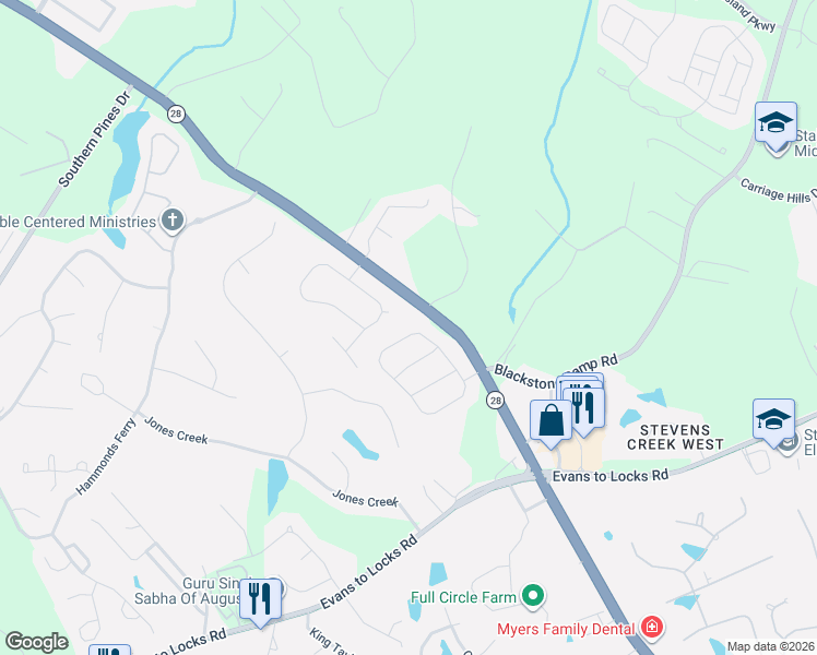 map of restaurants, bars, coffee shops, grocery stores, and more near 4323 Colony Square in Evans