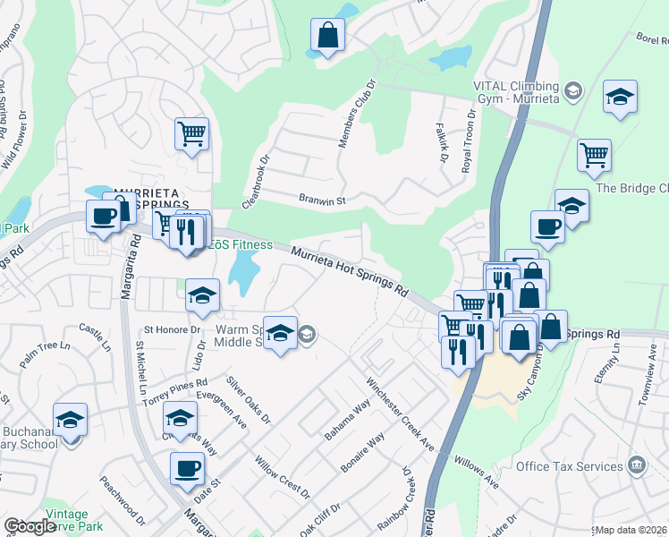 map of restaurants, bars, coffee shops, grocery stores, and more near 29370 Vía Frontera in Murrieta