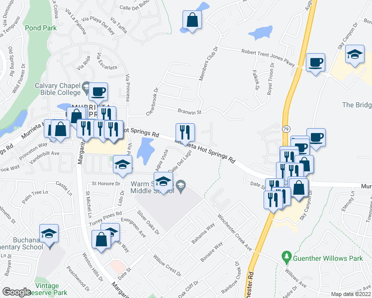map of restaurants, bars, coffee shops, grocery stores, and more near 28980 Calle Del Lago in Murrieta