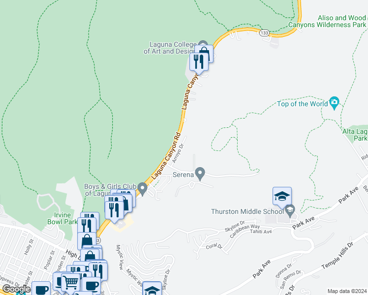 map of restaurants, bars, coffee shops, grocery stores, and more near 1595 Arroyo Drive in Laguna Beach