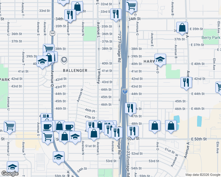 map of restaurants, bars, coffee shops, grocery stores, and more near 1104 44th Street in Lubbock