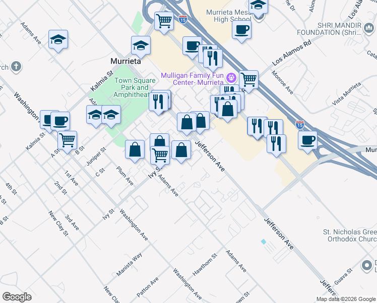 map of restaurants, bars, coffee shops, grocery stores, and more near 41531 King Palm Avenue in Murrieta