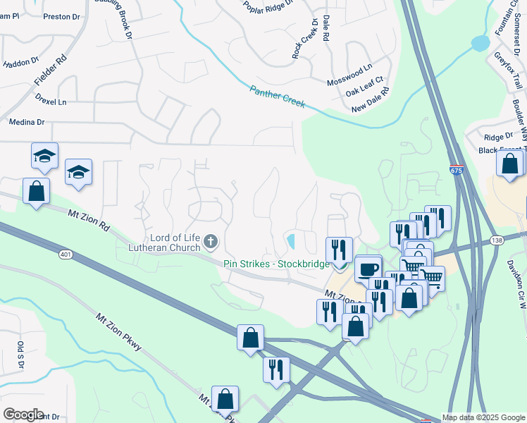 map of restaurants, bars, coffee shops, grocery stores, and more near 3384 Mount Zion Road in Stockbridge