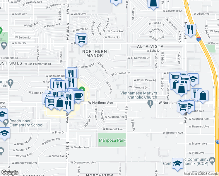 map of restaurants, bars, coffee shops, grocery stores, and more near 8056 North 32nd Drive in Phoenix