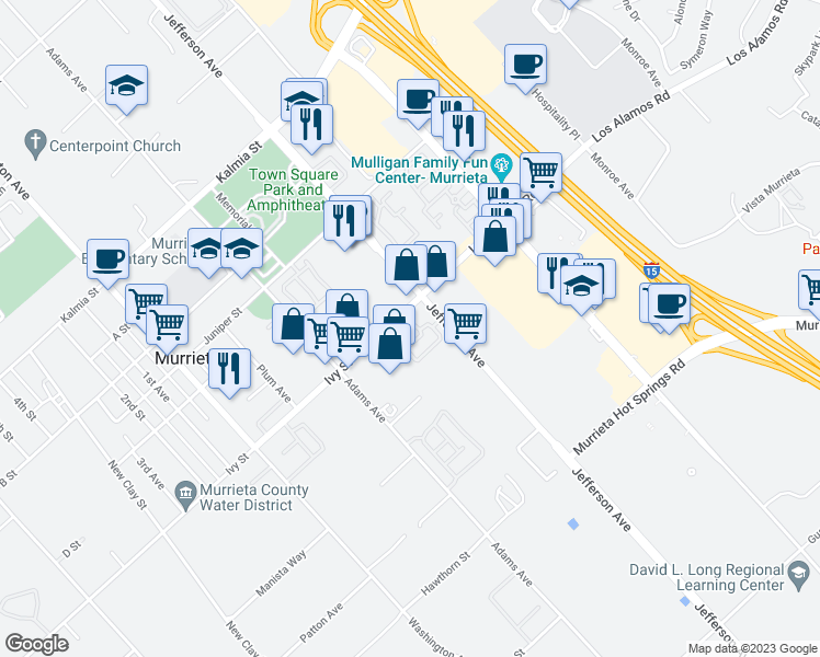 map of restaurants, bars, coffee shops, grocery stores, and more near 41534 King Palm Avenue in Murrieta