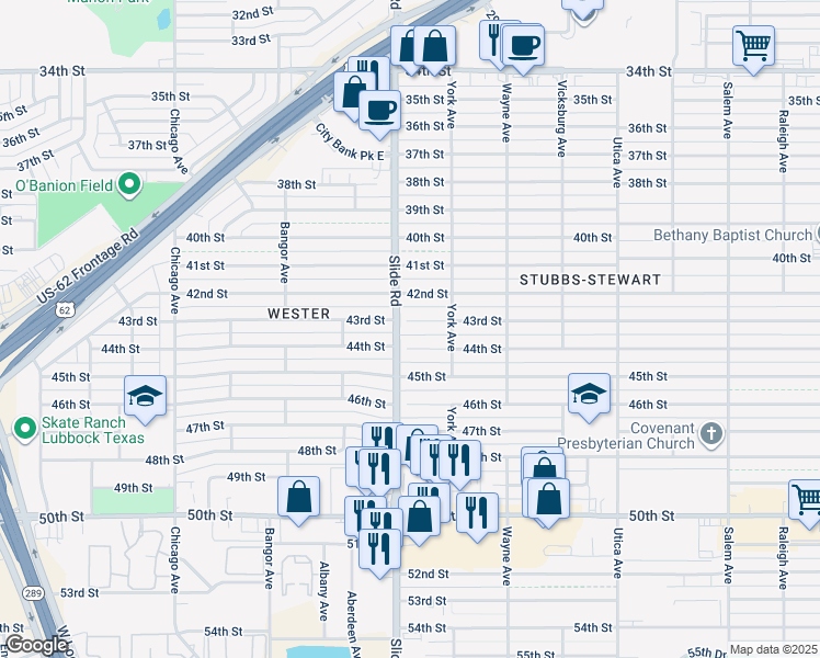 map of restaurants, bars, coffee shops, grocery stores, and more near 5115 43rd St in Lubbock