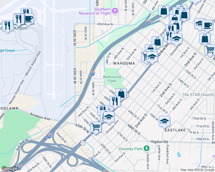 map of restaurants, bars, coffee shops, grocery stores, and more near 229 69th Place North in Birmingham