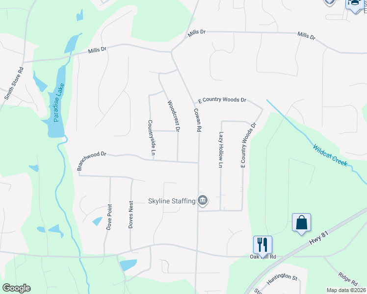 map of restaurants, bars, coffee shops, grocery stores, and more near 195 Woodcrest Drive in Covington