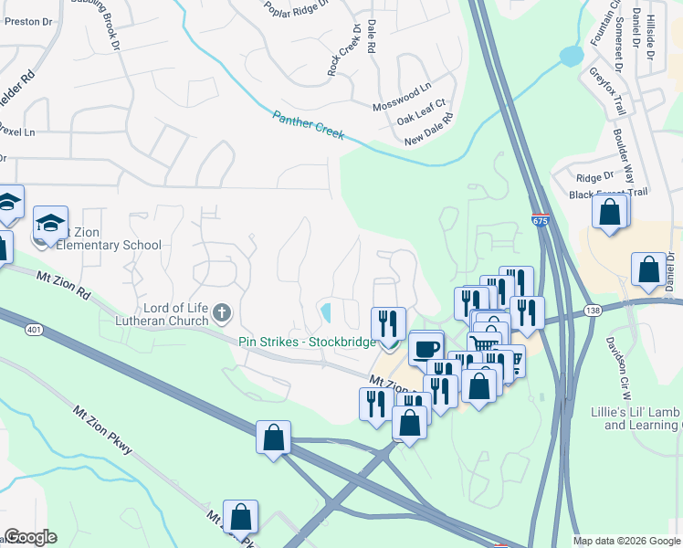 map of restaurants, bars, coffee shops, grocery stores, and more near 3386 Mount Zion Road in Stockbridge