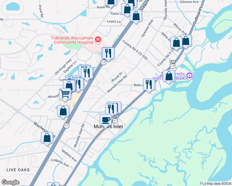 map of restaurants, bars, coffee shops, grocery stores, and more near 4311 Murrells Inlet Road in Murrells Inlet